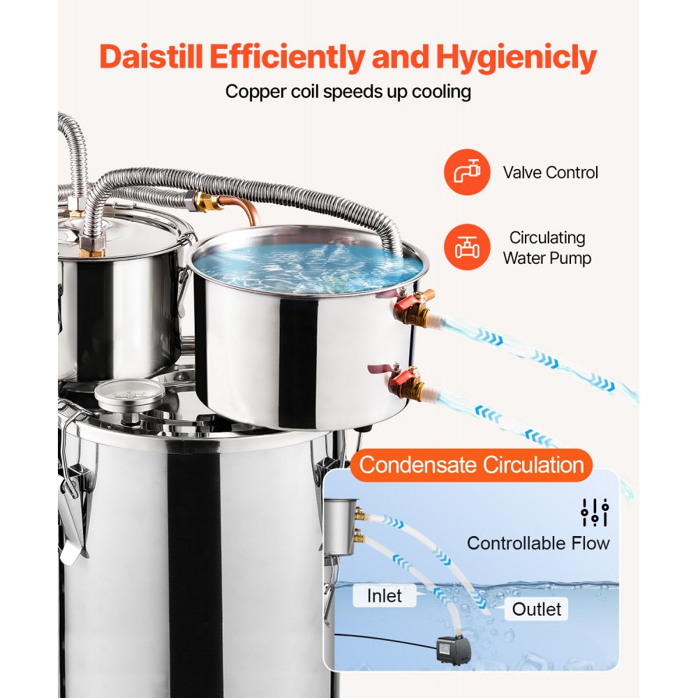 VEVOR Alcohol Still, 3 Gal / 11.4 L Stainless Steel Water Alcohol Distiller with Copper Coil for Fast Cooling, Dual Condenser Distiller Kit with Secondary Distillation, for Wine Whisky Brandy, Silver