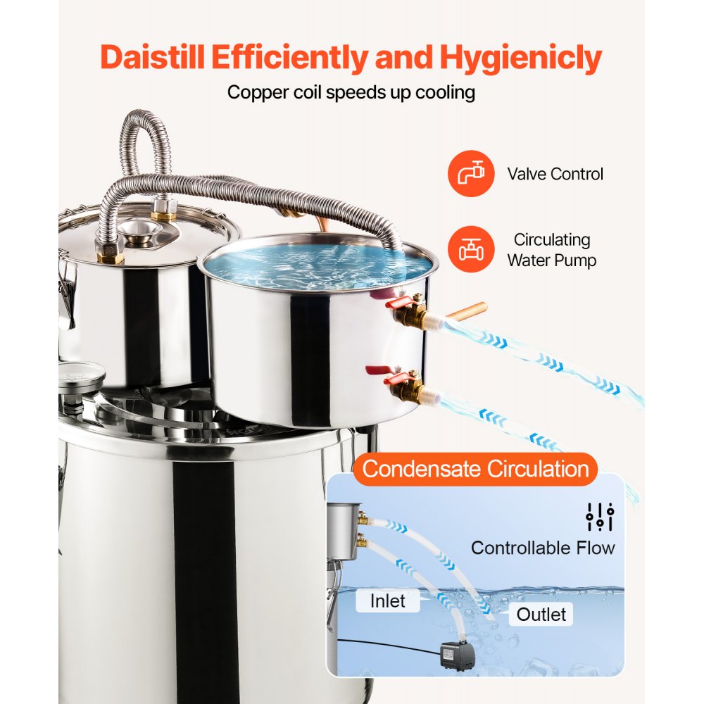 VEVOR Alcohol Still, 5 Gal / 19 L Stainless Steel Water Alcohol Distiller with Copper Coil for Fast Cooling, Dual Condenser Distiller Kit with Secondary Distillation, for Wine Whisky Brandy, Silver