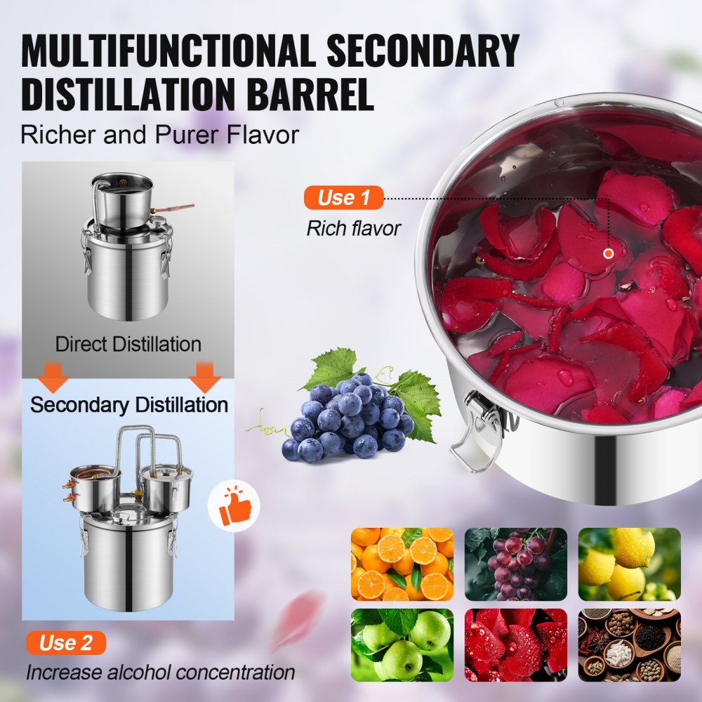 VEVOR Alcohol Still, 8 Gal / 30 L Stainless Steel Water Alcohol Distiller with Copper Coil for Fast Cooling, Dual Condenser Distiller Kit with Secondary Distillation, for Wine Whisky Brandy, Silver