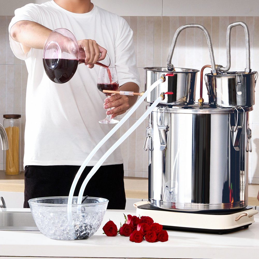 VEVOR Alcohol Still, 8 Gal / 30 L Stainless Steel Water Alcohol Distiller with Copper Coil for Fast Cooling, Dual Condenser Distiller Kit with Secondary Distillation, for Wine Whisky Brandy, Silver