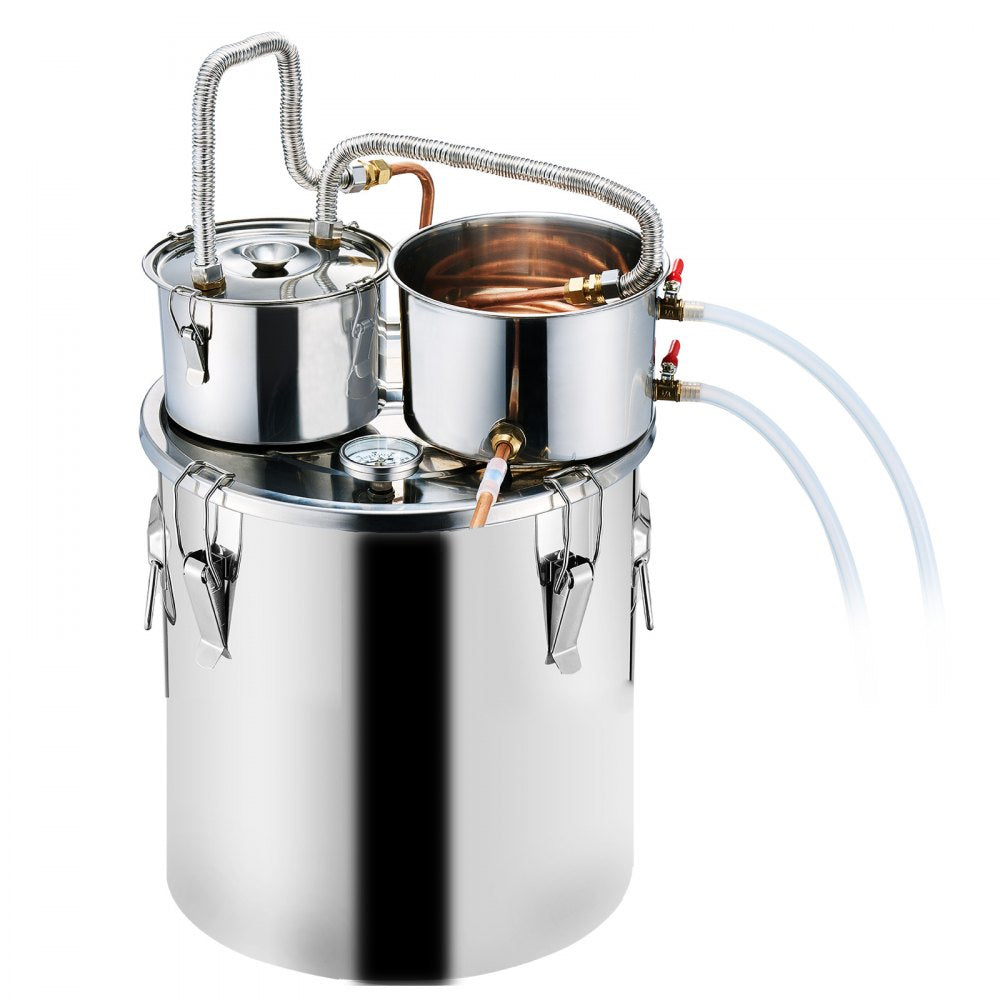 VEVOR Alcohol Still, 8 Gal / 30 L Stainless Steel Water Alcohol Distiller with Copper Coil for Fast Cooling, Dual Condenser Distiller Kit with Secondary Distillation, for Wine Whisky Brandy, Silver
