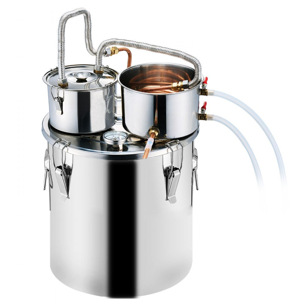 VEVOR Alcohol Still, 8 Gal / 30 L Stainless Steel Water Alcohol Distiller with Copper Coil for Fast Cooling, Dual Condenser Distiller Kit with Secondary Distillation, for Wine Whisky Brandy, Silver