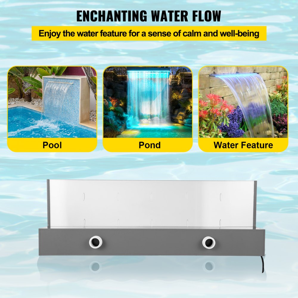 VEVOR Fountain Spillway 23.6x3.2x8.1 Inch, Pool Waterfall Fountain 17 Colors Led, Pool Water Fall Kit with Remote, Pool Spillway Solid Acrylic Pool Waterfall for Garden Pond, Swimming Pool, Square