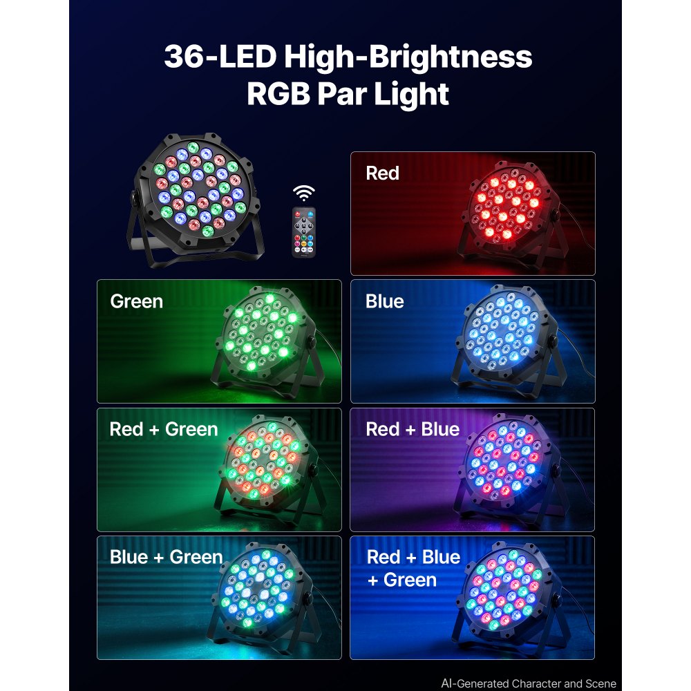 VEVOR LED Par Lights, 4 Pack 36 LED RGB Stage Lights Uplight Stage Lighting, for DJ, Event, Music Party, Wedding, Bar, Church, Remote & DMX Control, Sound Activated, 6 Lighting Effects, Carry Handle