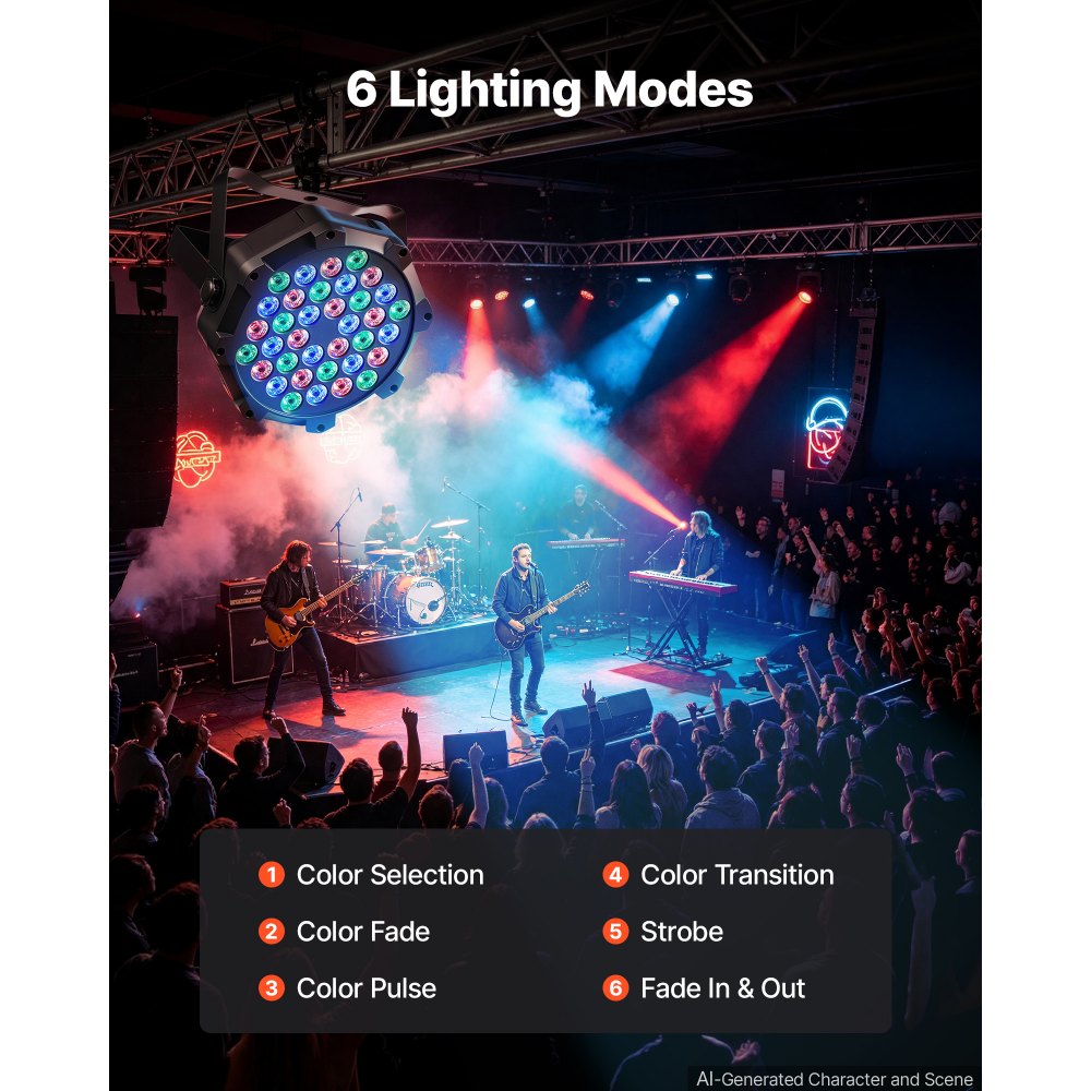VEVOR LED Par Lights, 4 Pack 36 LED RGB Stage Lights Uplight Stage Lighting, for DJ, Event, Music Party, Wedding, Bar, Church, Remote & DMX Control, Sound Activated, 6 Lighting Effects, Carry Handle