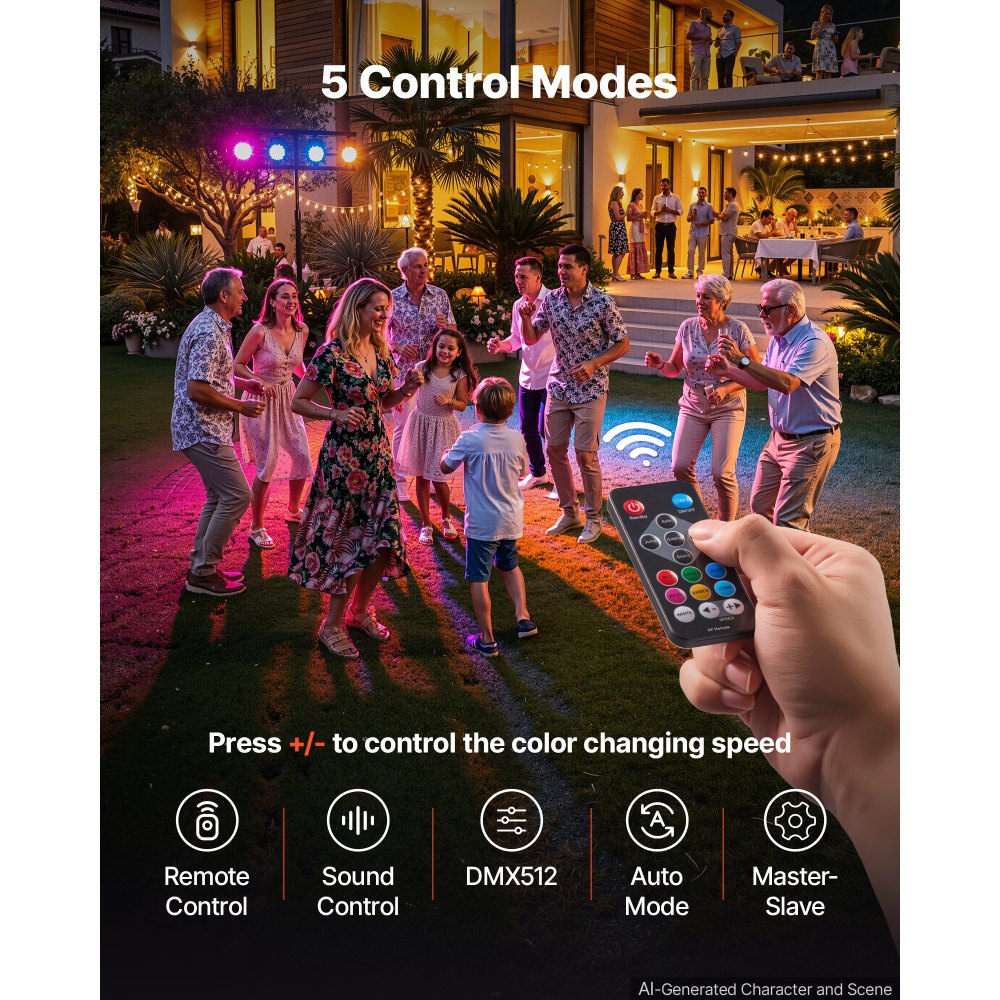 VEVOR LED Par Lights, 4 Pack 36 LED RGB Stage Lights Uplight Stage Lighting, for DJ, Event, Music Party, Wedding, Bar, Church, Remote & DMX Control, Sound Activated, 6 Lighting Effects, Carry Handle