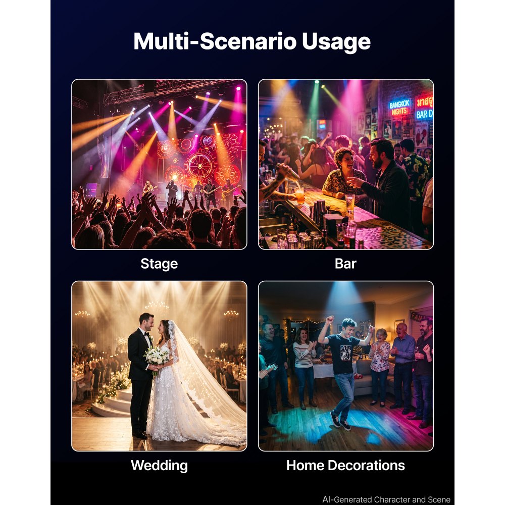VEVOR LED Par Lights, 4 Pack 36 LED RGB Stage Lights Uplight Stage Lighting, for DJ, Event, Music Party, Wedding, Bar, Church, Remote & DMX Control, Sound Activated, 6 Lighting Effects, Carry Handle