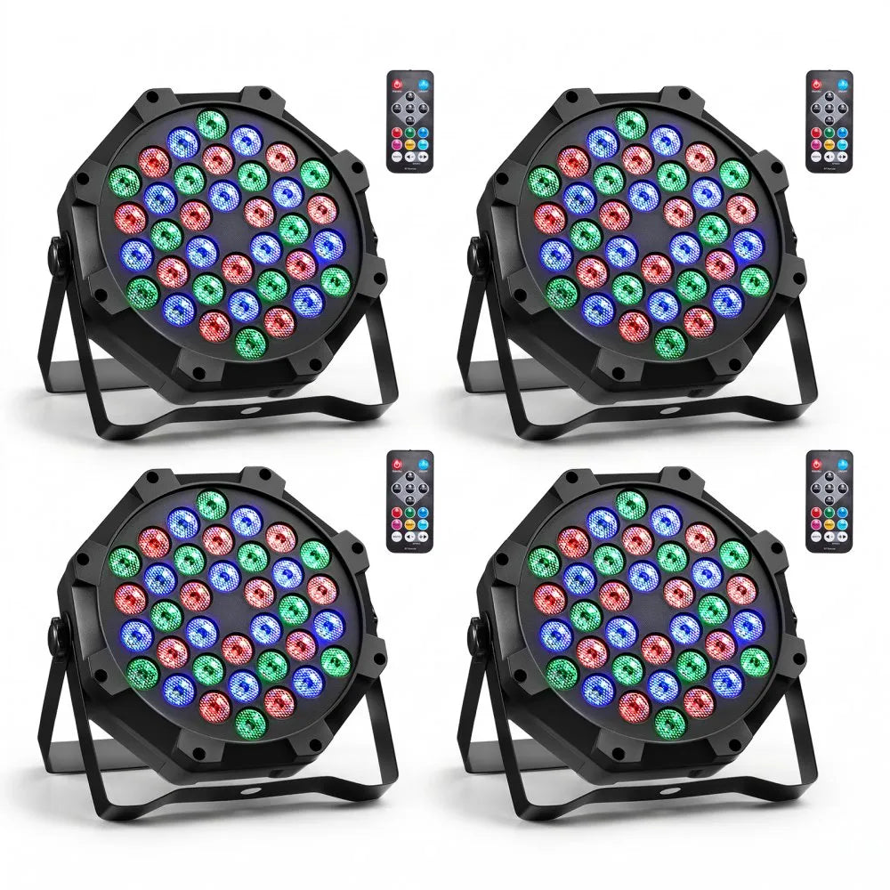 VEVOR LED Par Lights, 4 Pack 36 LED RGB Stage Lights Uplight Stage Lighting, for DJ, Event, Music Party, Wedding, Bar, Church, Remote & DMX Control, Sound Activated, 6 Lighting Effects, Carry Handle
