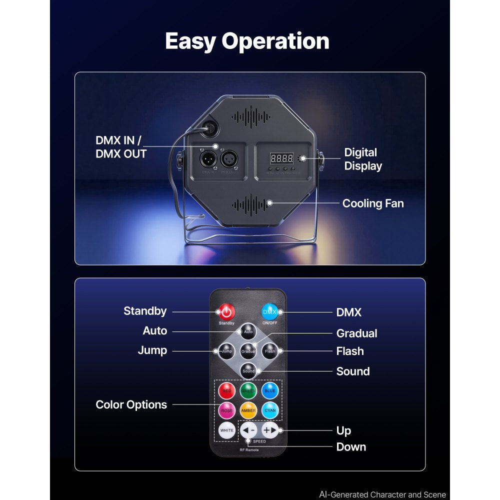 VEVOR LED Par Lights, 8 Pack 36 LED RGB Stage Lights Uplight Stage Lighting, for DJ, Event, Music Party, Wedding, Bar, Church, Remote & DMX Control, Sound Activated, 6 Lighting Effects, Carry Handle