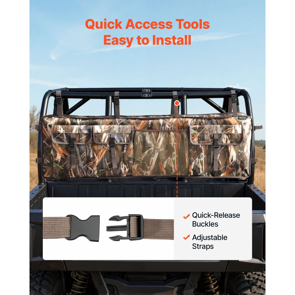 VEVOR Double Hunting Tool Bag Holder Rack Oxford Soft Carrier Case for UTV, Quick Release Rear Storage Bag, Large Capacity UTV Roll Cage Cargo Organizer, with Pockets, Side Zipper, Adjustable Straps