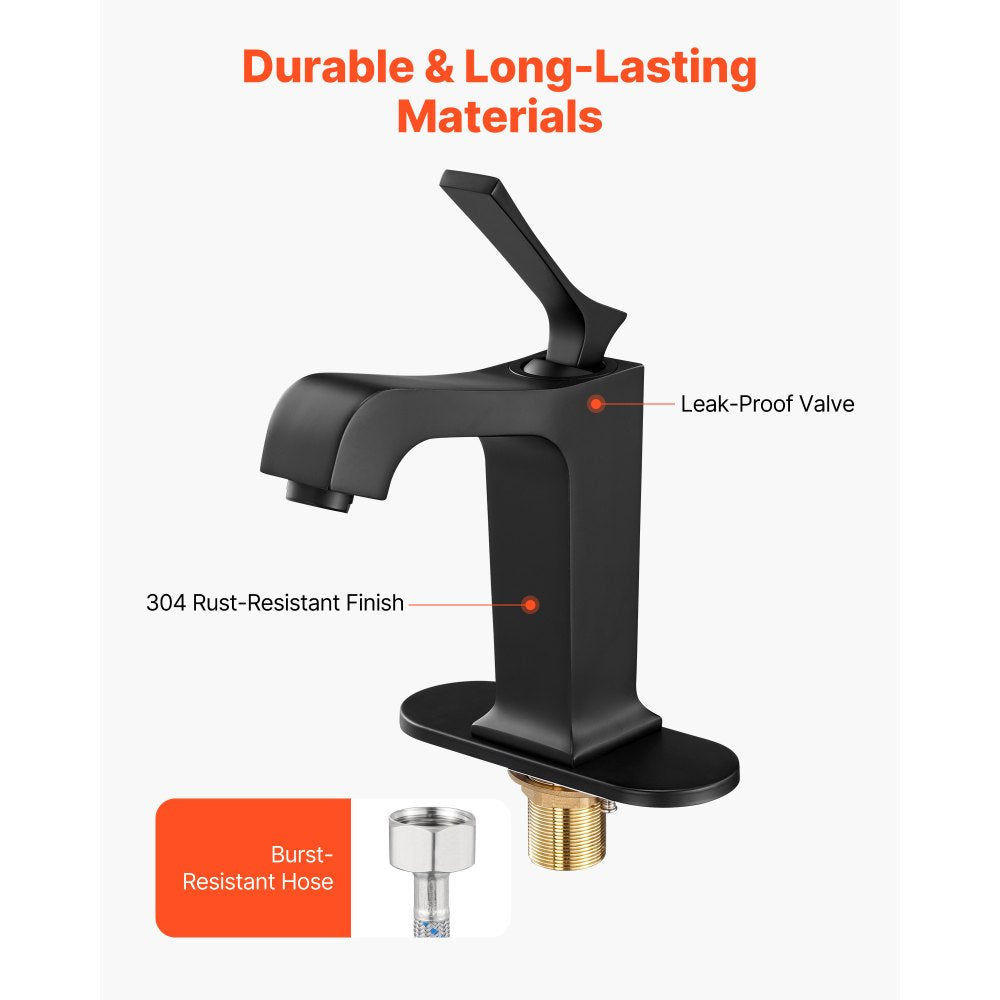 VEVOR Single Handle Sink Faucet, Matte Black Finish Faucet Kitchen Sink, Kitchen Water Faucets with Push-Button Drain, Suitable for Bathroom, RV, Bar Sink, Public Restroom, Waterfall-Style Spout
