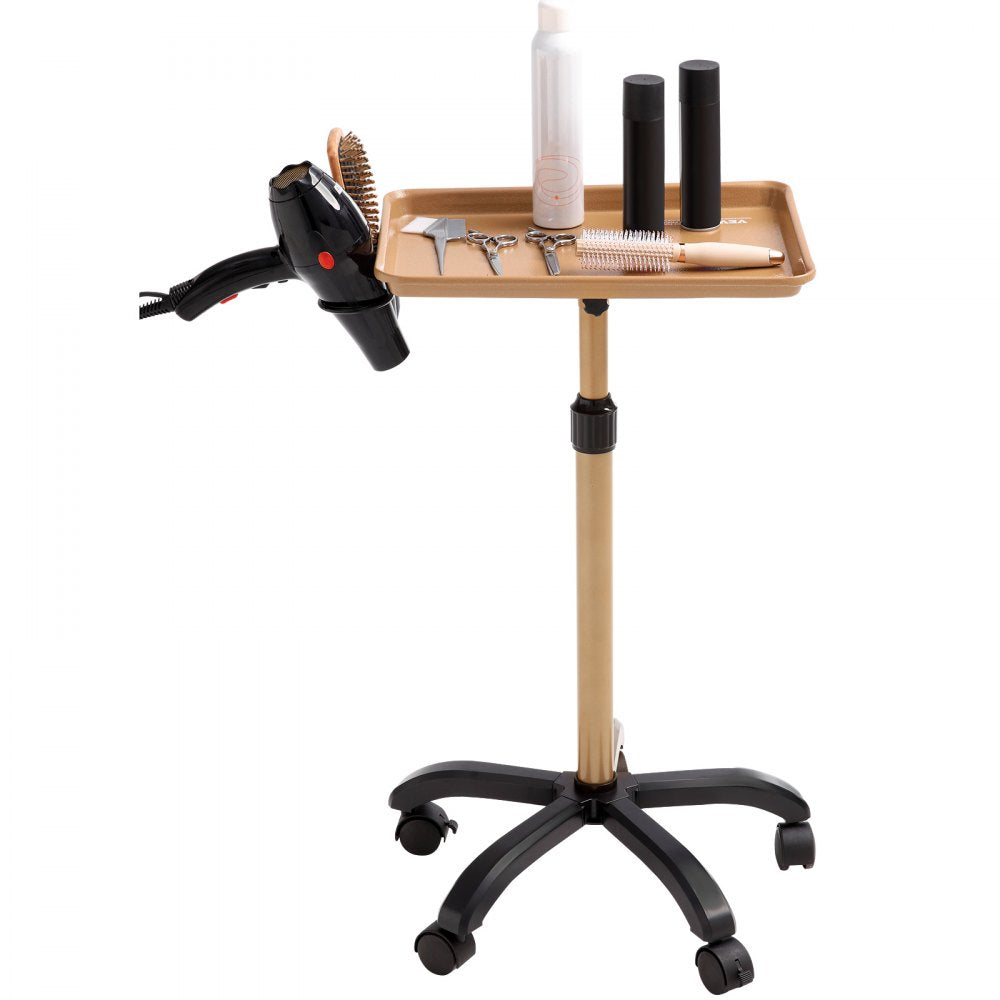 VEVOR Salon Tray Cart, 30"-43" Height Adjustable Rolling Salon Tray, Cold-rolled Plate Tattoo Tray with 5 Wheels (2 Lockable) for SPA Barber Clinic, Gold & Black