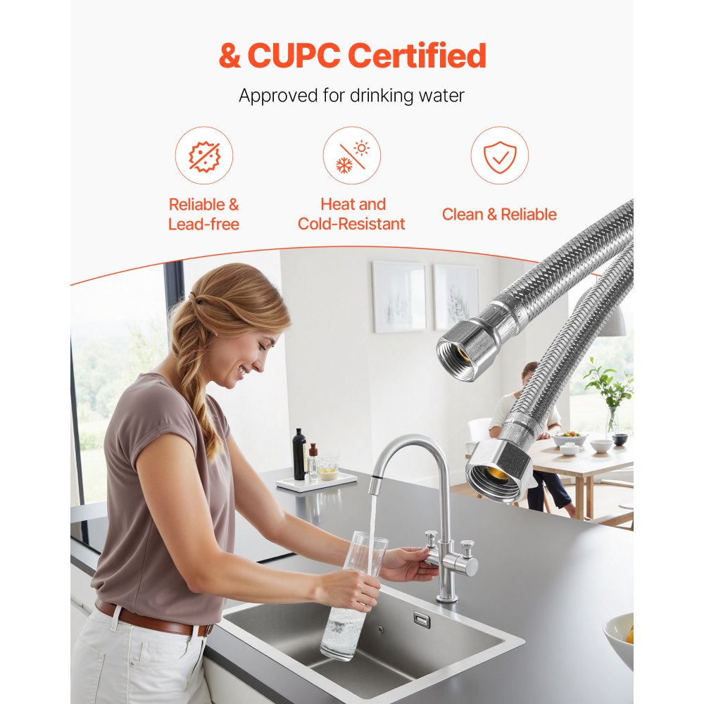 VEVOR Faucet Hose Connector, 16-Inch Length, 3/8 Inch Comp x 1/2 Inch FIP 10-Pack Braided Stainless Steel Faucet Supply Line, Faucet Hose Connects Kitchen Bathroom Sink to Water Supply, Certified Safe