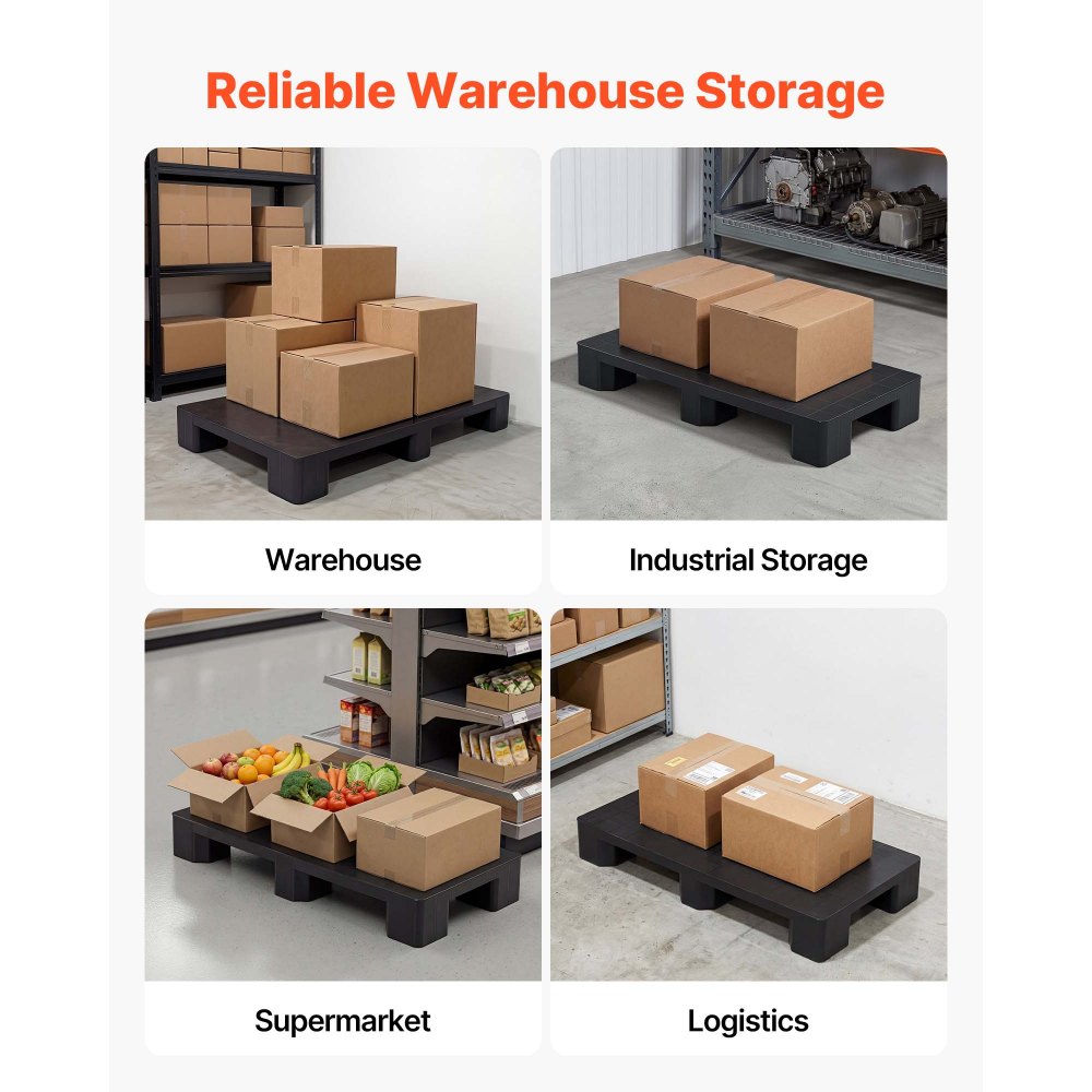 VEVOR Plastic Pallet, 1 Pc Plastic Pallet for Basement Storage, Lightweight Waterproof Floor Storage Pad for Indoor Outdoor Supermarket Warehouse, Support up to 2205 lbs, 39.4" x 19.7" x 5.4", Black