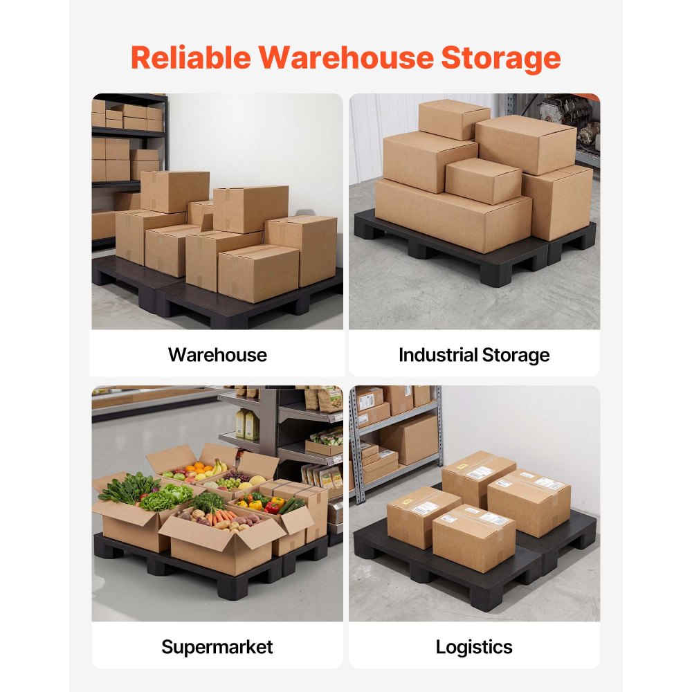 VEVOR Plastic Pallets, 2 Pcs Plastic Pallets for Basement Storage, Lightweight Waterproof Floor Storage Pad for Indoor Outdoor Supermarket Warehouse, Support up to 2205 lbs, 39.4"x19.7"x5.4", Black