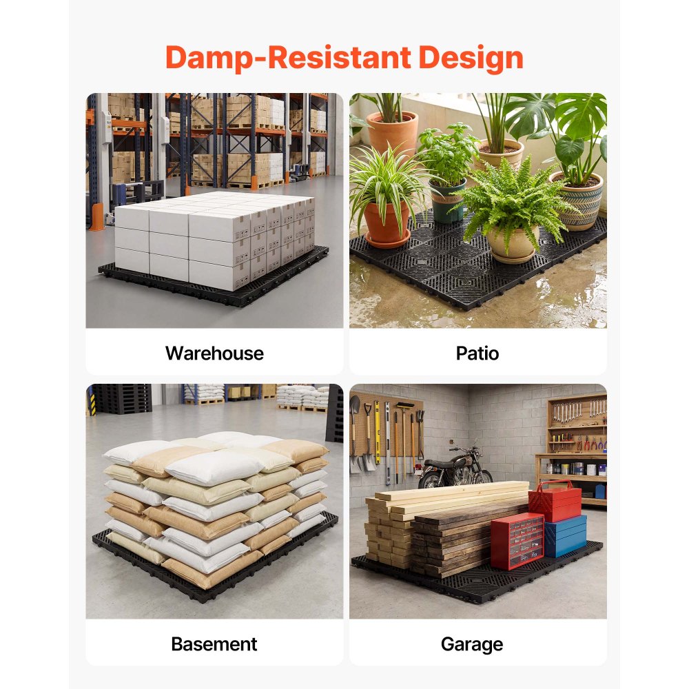 VEVOR Plastic Pallets, 6 Pcs Plastic Pallets for Basement Storage, Nestable Lightweight Waterproof Storage Pad with Breathable Grid for Indoor Outdoor Supermarket Warehouse, 23.6"x11.8"x1.2", Black