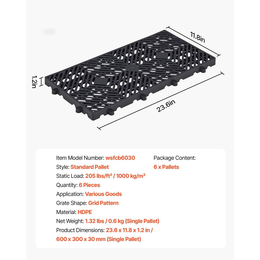 VEVOR Plastic Pallets, 6 Pcs Plastic Pallets for Basement Storage, Nestable Lightweight Waterproof Storage Pad with Breathable Grid for Indoor Outdoor Supermarket Warehouse, 23.6"x11.8"x1.2", Black