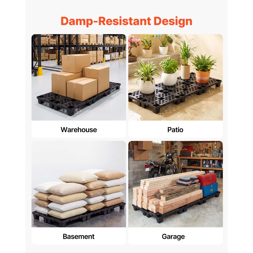 VEVOR Plastic Pallets, 6 Pcs Plastic Pallets for Basement Storage, Nestable Lightweight Waterproof Storage Pad with Breathable Grid for Indoor Outdoor Supermarket Warehouse, 19.7" x 12" x 3.9", Black