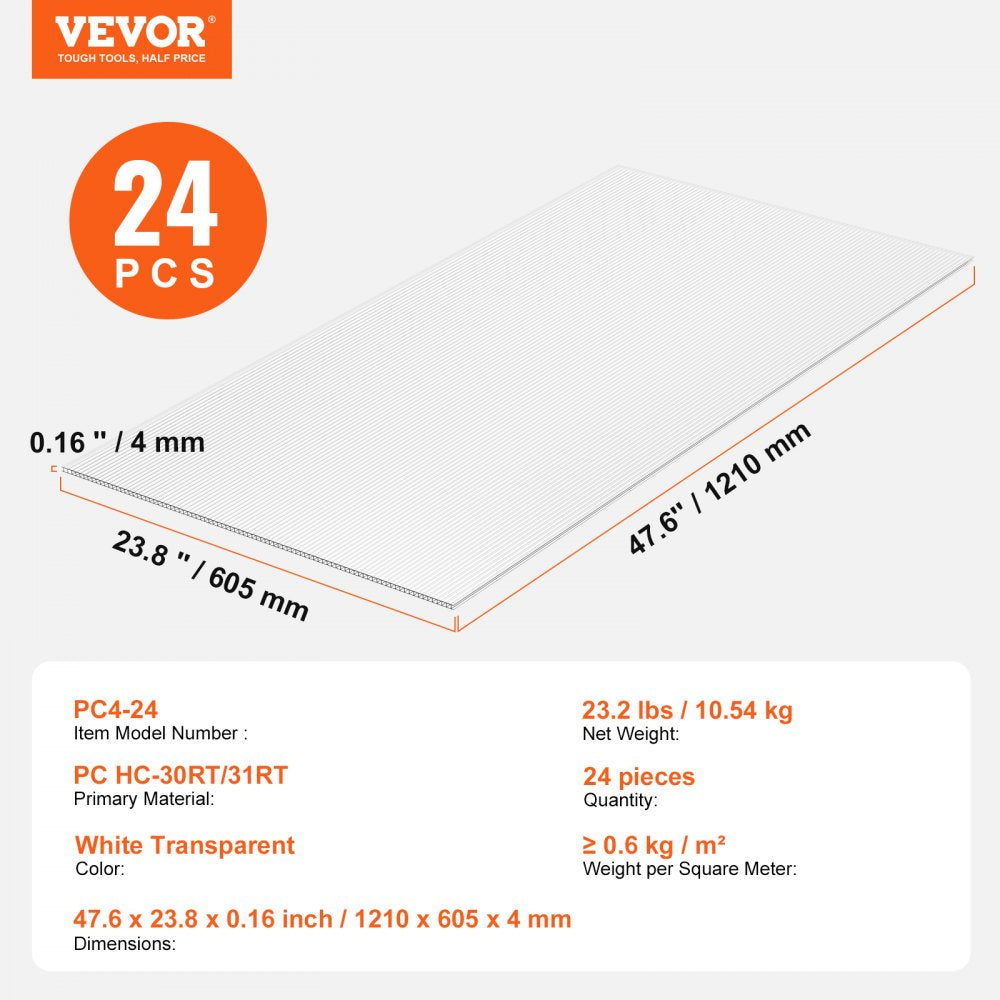 VEVOR 24 Pack Polycarbonate Greenhouse Panels, 2' X 4' X 0.16'' Roof Panels Sheets, Waterproof UV Protected Corrugated Plastic Roofing, Impact Resistance Clear Roofing Sheets for Greenhouse/Garden