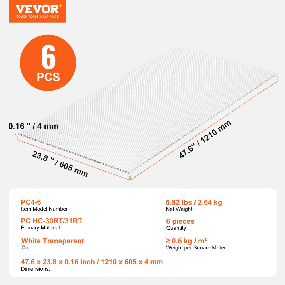 VEVOR 6 Pack Polycarbonate Greenhouse Panels, 2' X 4' X 0.16'' Roof Panels Sheets, Waterproof UV Protected Corrugated Plastic Roofing, Impact Resistance Clear Roofing Sheets for Greenhouse/Garden