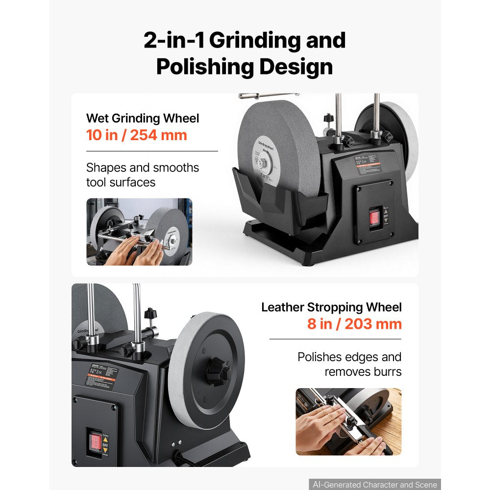 VEVOR Water-Cooled Grinding Machine, 1.6A 145RPM Knife Sharpening Machine, 10" Wet Grinding Wheel & 8" Leather Stropping Wheel, Wet/Dry Stone Grinder with Water-Cooling Tray for Knives Chisels, 120V