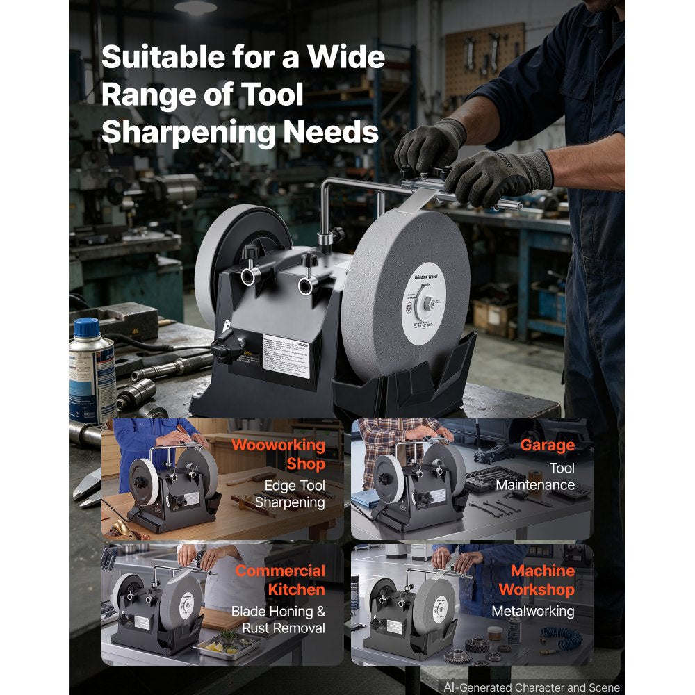 VEVOR Water-Cooled Grinding Machine, 1.6A 145RPM Knife Sharpening Machine, 10" Wet Grinding Wheel & 8" Leather Stropping Wheel, Wet/Dry Stone Grinder with Water-Cooling Tray for Knives Chisels, 120V
