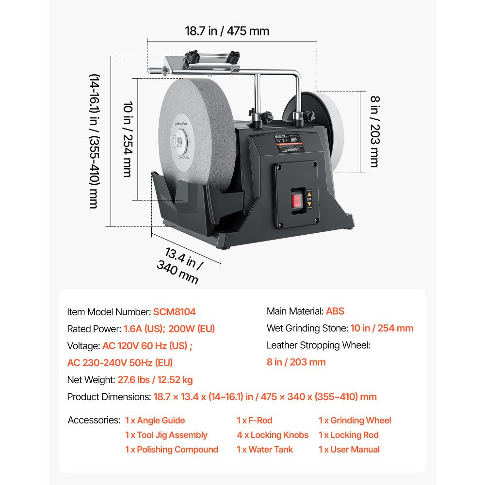 VEVOR Water-Cooled Grinding Machine, 1.6A 145RPM Knife Sharpening Machine, 10" Wet Grinding Wheel & 8" Leather Stropping Wheel, Wet/Dry Stone Grinder with Water-Cooling Tray for Knives Chisels, 120V