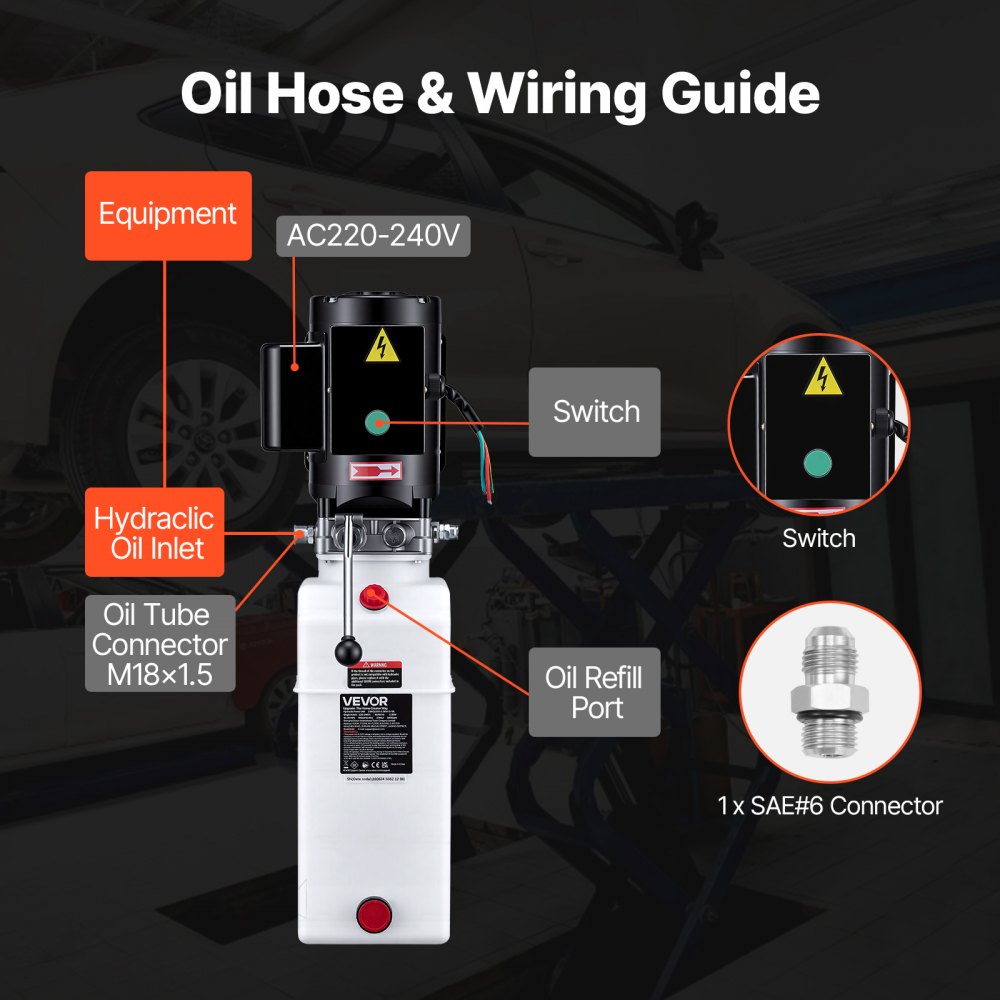 VEVOR 10 Quart Hydraulic Pump, 2.2KW Hydraulic Dump Trailer Pump Single Acting, 3200 PSI Max Relief Pressure, 1.7 GPM Flow Rate, AC220-240V Hydraulic Power Unit Car Lift (Vertical Installation)