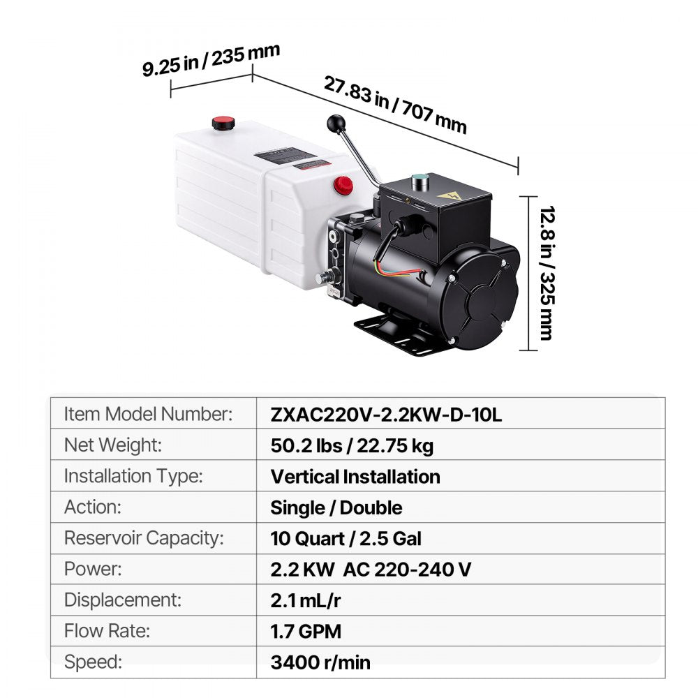 VEVOR 10 Quart Hydraulic Pump, 2.2KW Hydraulic Dump Trailer Pump Single Acting, 3200 PSI Max Relief Pressure, 1.7 GPM Flow Rate, AC220-240V Hydraulic Power Unit Car Lift (Vertical Installation)