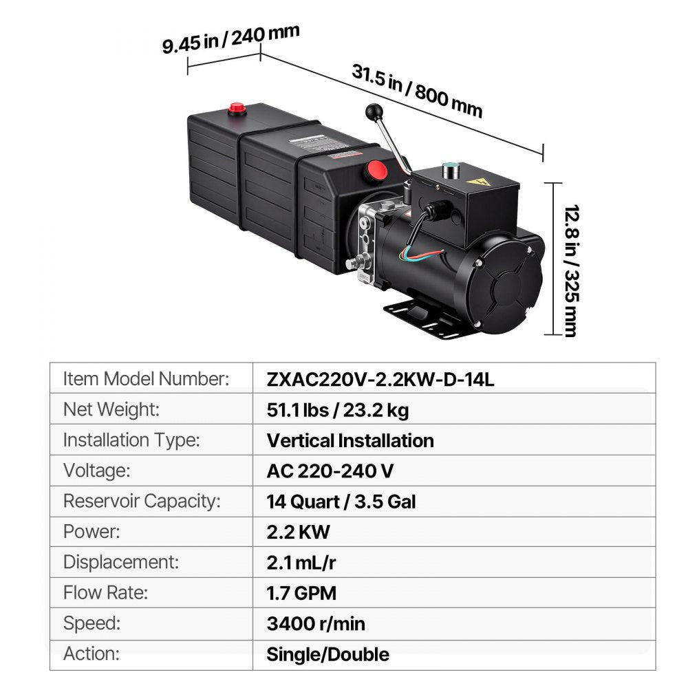 VEVOR 14 Quart Hydraulic Pump, 2.2KW Hydraulic Dump Trailer Pump Single Acting, 3200 PSI Max Relief Pressure, 1.7 GPM Flow Rate, AC220-240V Hydraulic Power Unit Car Lift (Vertical Installation)