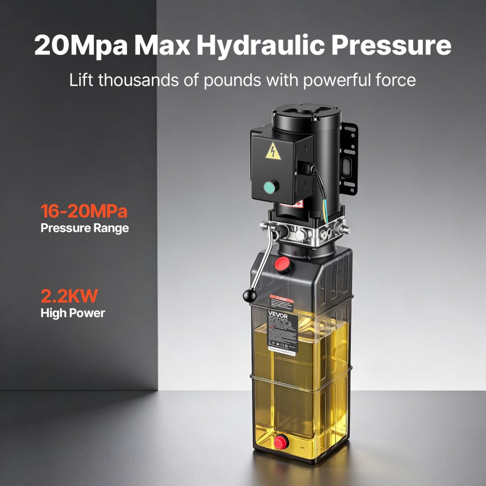 VEVOR 15 Quart Hydraulic Pump, 2.2KW Hydraulic Motor Dump Trailer Pump Single Acting, 3200 PSI Max Relief Pressure, 1.7 GPM Flow Rate, AC220-240V Hydraulic Power Unit Car Lift (Vertical Installation)