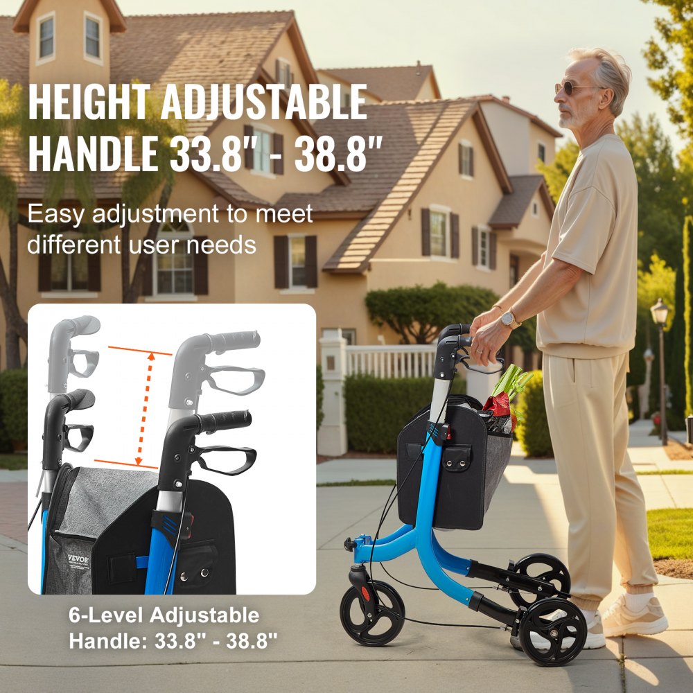 VEVOR 3 Wheels Rollator Walker for Seniors, Lightweight Aluminum Foldable Rolling Walker with Adjustable Handle, Outdoor Trio Mobility Walker with Large Wheels & Spacious Storage Bag, 260LBS Capacity