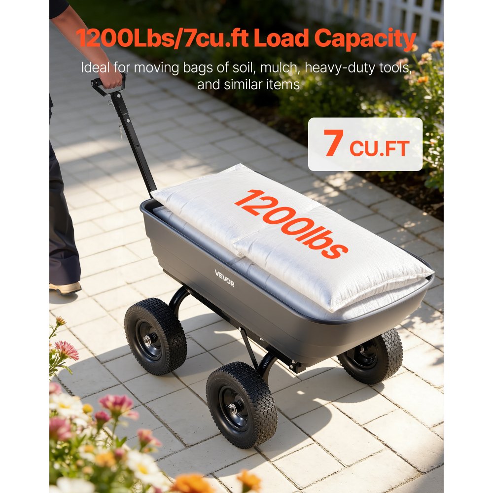VEVOR Garden Dump Cart, 1200 lbs Poly Dump Cart, 7 Cu. Ft. Garden Carts Dumps Wagon with 2-in-1 Convertible Handle, 90° Quick-Dumps Mechanism, 180° Swivel Wheels, Yard Wagon for Plants, Soil, Crops