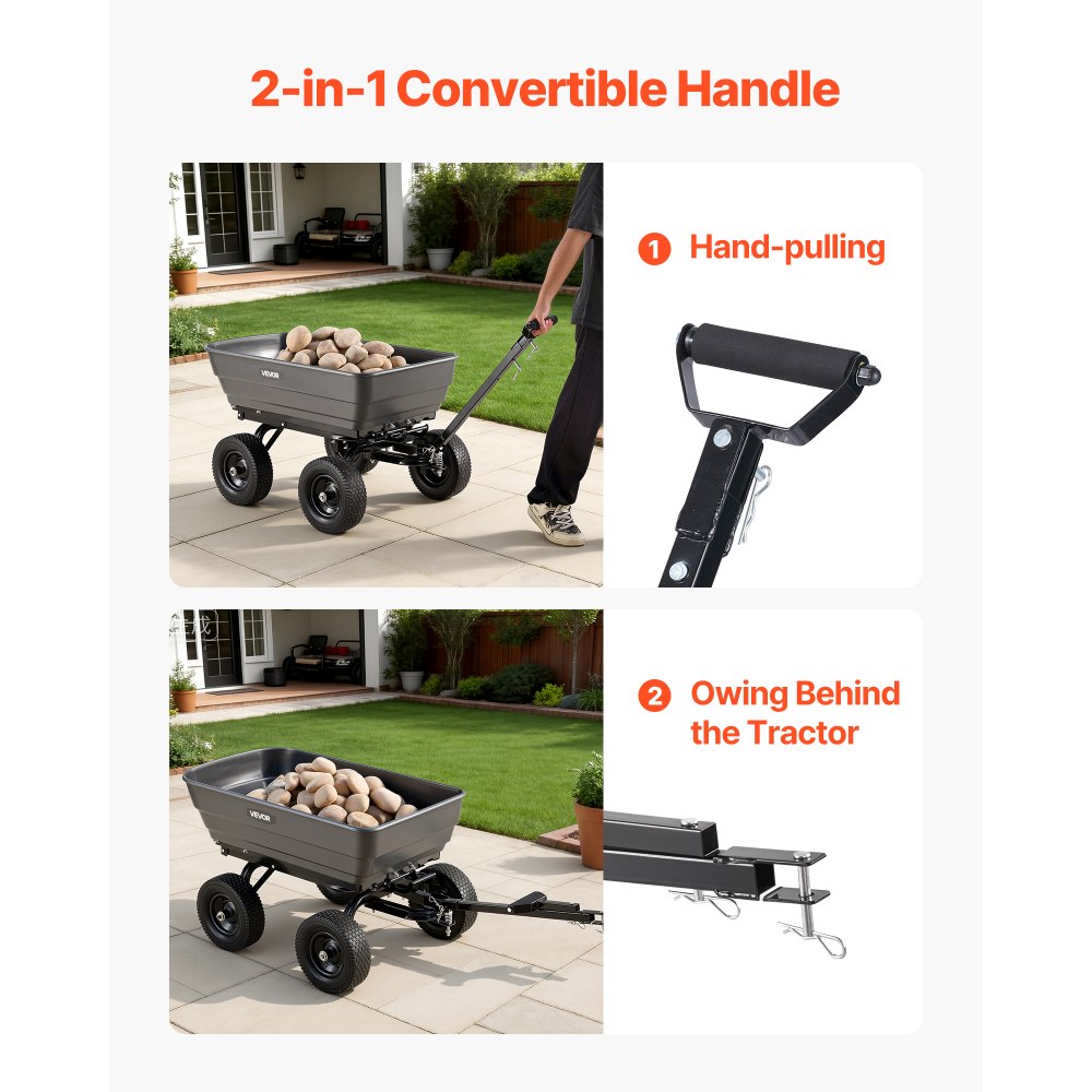 VEVOR Garden Dump Cart, 1200 lbs Poly Dump Cart, 7 Cu. Ft. Garden Carts Dumps Wagon with 2-in-1 Convertible Handle, 90° Quick-Dumps Mechanism, 180° Swivel Wheels, Yard Wagon for Plants, Soil, Crops