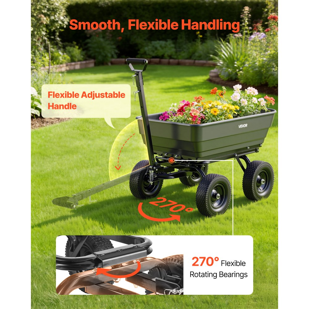 VEVOR Garden Dump Cart, 1200 lbs Poly Dump Cart, 7 Cu. Ft. Garden Carts Dumps Wagon with 2-in-1 Convertible Handle, 90° Quick-Dumps Mechanism, 180° Swivel Wheels, Yard Wagon for Plants, Soil, Crops
