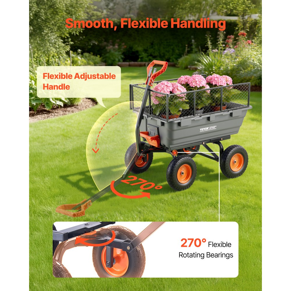 VEVOR Garden Dump Cart, 1200 lbs Poly Dump Cart, Garden Carts Dumps Wagon with Storage Fence, 2-in-1 Convertible Handle, 90° Quick-Dumps Mechanism, 180° Swivel Wheels, Yard Wagon for Plants, Soil