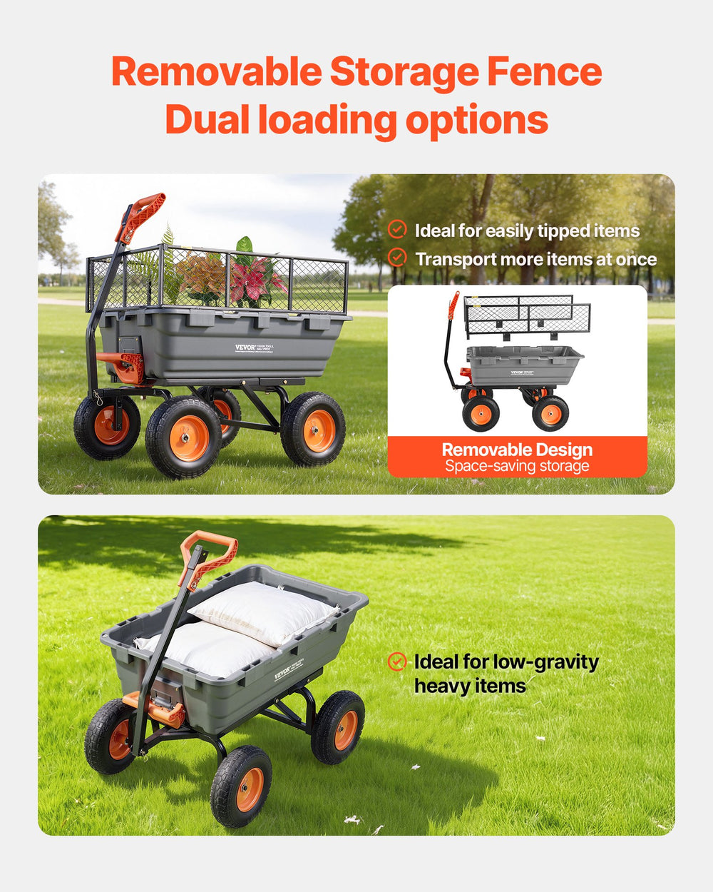 VEVOR Garden Dump Cart, 1200 lbs Poly Dump Cart, Garden Carts Dumps Wagon with Storage Fence, 2-in-1 Convertible Handle, 90° Quick-Dumps Mechanism, 180° Swivel Wheels, Yard Wagon for Plants, Soil