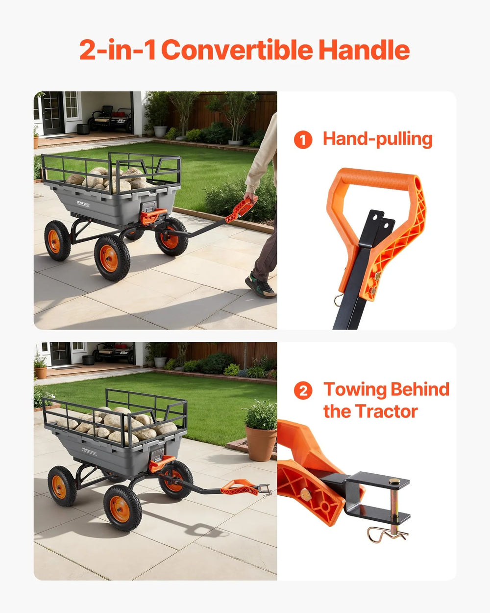 2-in-1 convertible handle for hand pulling and tractor towing