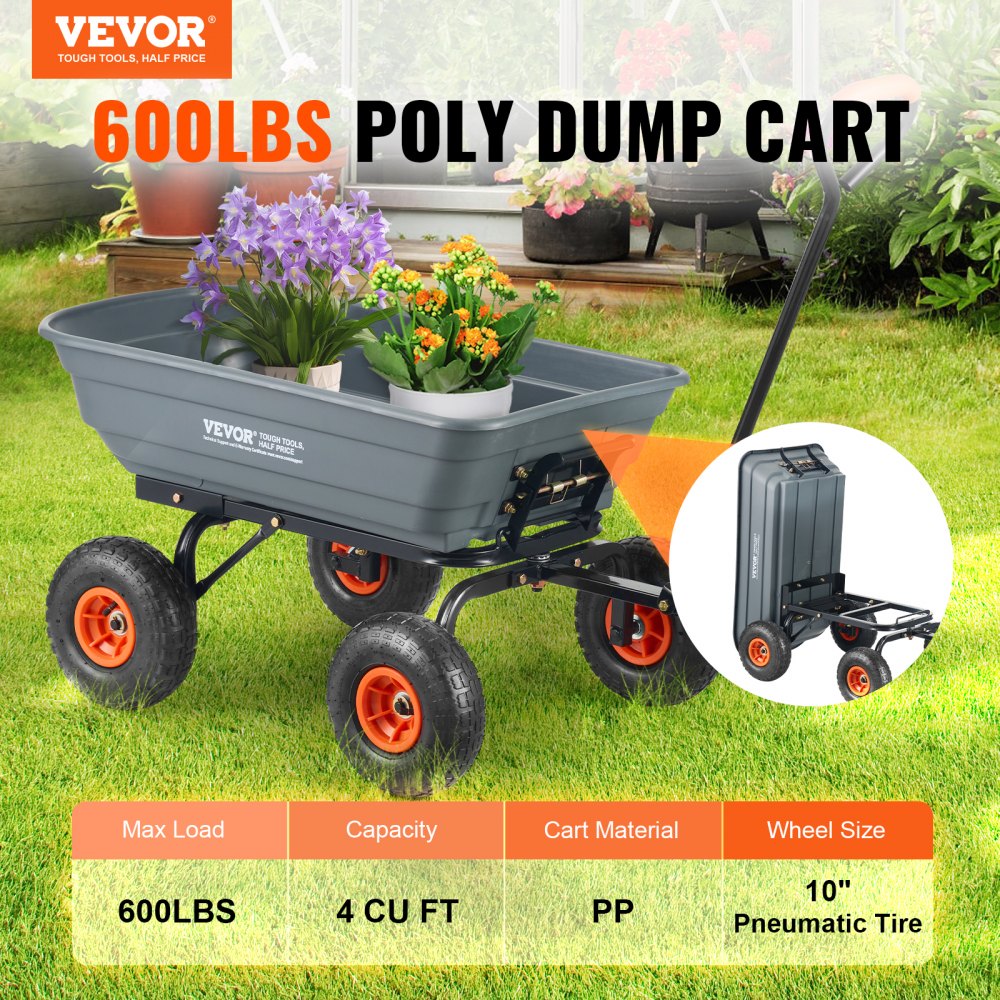 VEVOR Garden Cart, Durable Poly Dump Cart with Simple Assembly Steel Framework, Versatile Dump Cart with Dual-Function Handle, Handy Wheelbarrow with 600 lbs Load Capacity, 10 inch Wheels