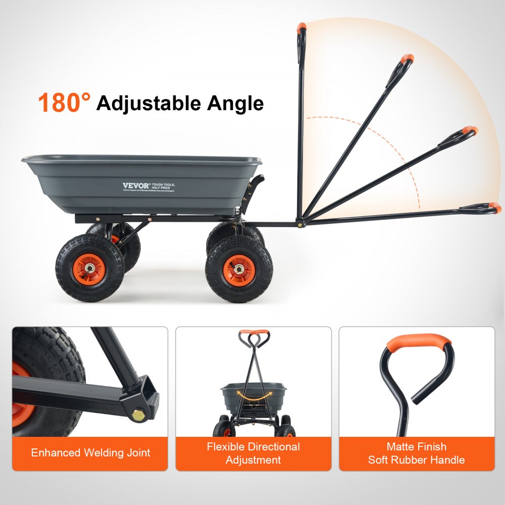 VEVOR Garden Cart, Durable Poly Dump Cart with Simple Assembly Steel Framework, Versatile Dump Cart with Dual-Function Handle, Handy Wheelbarrow with 600 lbs Load Capacity, 10 inch Wheels