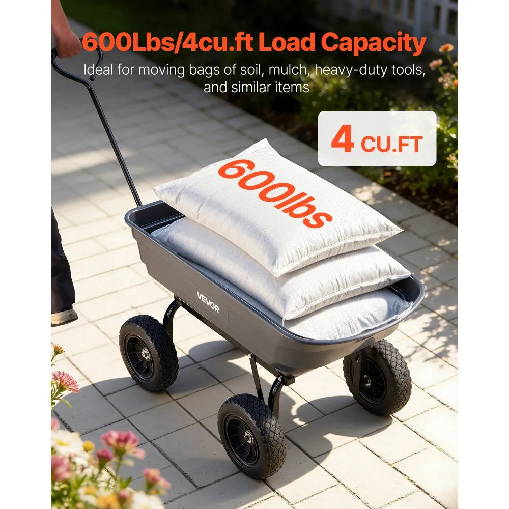 VEVOR Garden Dump Cart, 600 lbs Poly Dump Cart, Garden Carts Dumps Wagon with 90° Quick-Dumps Mechanism, 180° Swivel Wheels, 270° Flexible Rotating Bearings, Yard Wagon for Plants, Soil, Crops