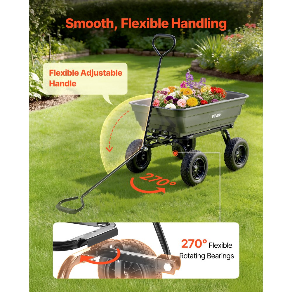 VEVOR Garden Dump Cart, 600 lbs Poly Dump Cart, Garden Carts Dumps Wagon with 90° Quick-Dumps Mechanism, 180° Swivel Wheels, 270° Flexible Rotating Bearings, Yard Wagon for Plants, Soil, Crops