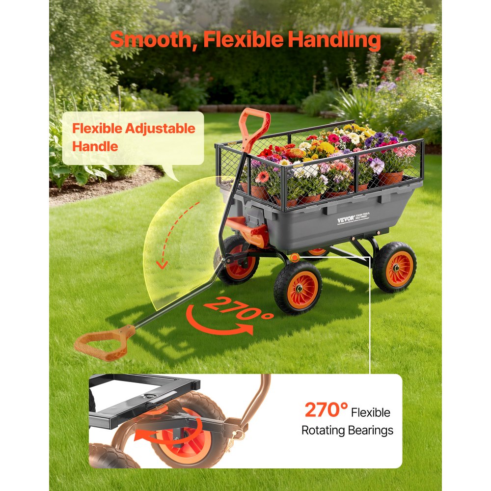 VEVOR Garden Dump Cart, 800 lbs Poly Dump Cart, Garden Carts Dumps Wagon with Storage Fence, 90° Quick-Dumps Mechanism, 180° Swivel Wheels, 90° Rotating Handle, Yard Wagon for Plants, Soil, Crops