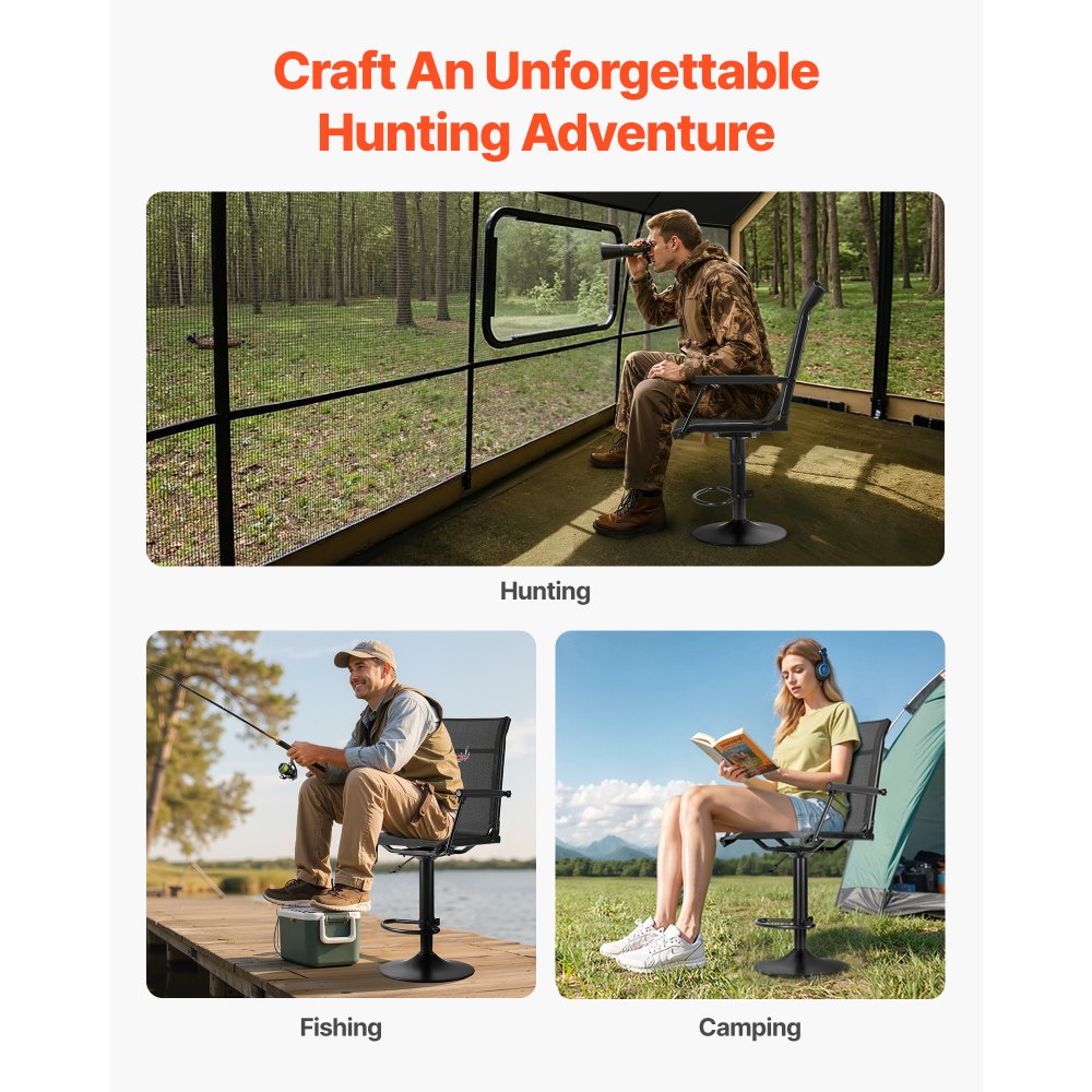 VEVOR Hunting Chair, 360° Silent Swivel, Lightweight Blind Chair, Heavy-Duty Steel Frame Ground Stool Seat, with Padded Armrests, Height Adjustable, 300 Lbs Capacity, for Outdoor Fishing, Camping