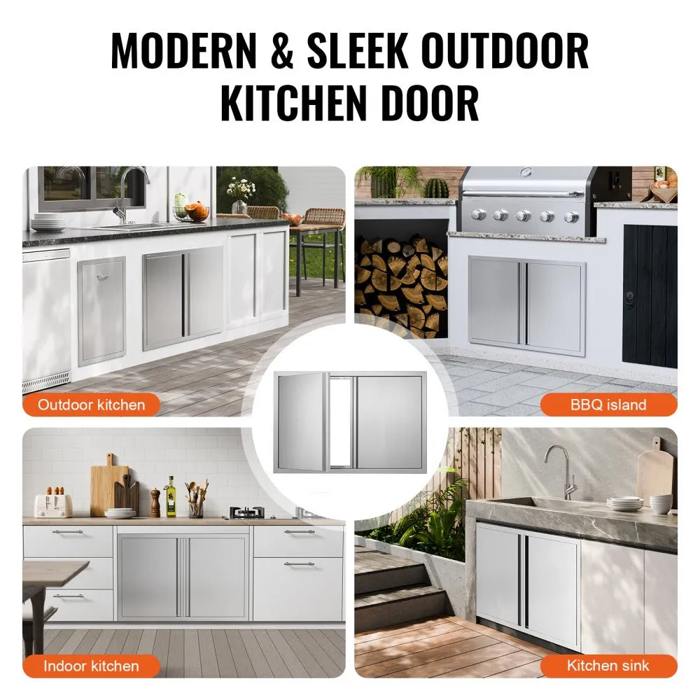 VEVOR BBQ Access Door, 36W x 24H Inch Double Outdoor Kitchen Door, Stainless Steel Flush Mount Door, Wall Vertical Door with Recessed Handles , for BBQ Island, Grilling Station, Outside Cabinet
