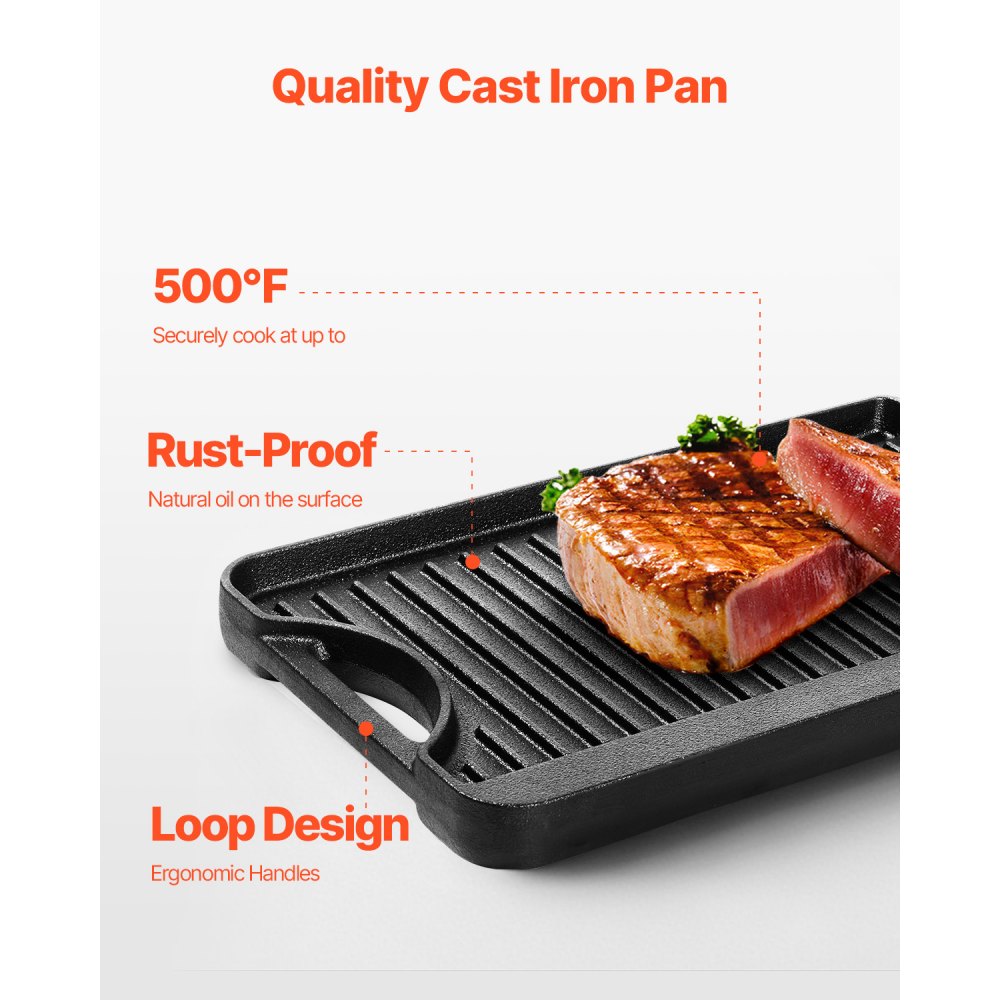 VEVOR Reversible Grill/Griddle, 14x8.5 inch Pre-Seasoned Cast Iron Griddle, Portable Rectangular Pan with Handle, Family Cookware for Indoor/Outdoor Stove Top Burner, Gas, Camping BBQ, Black