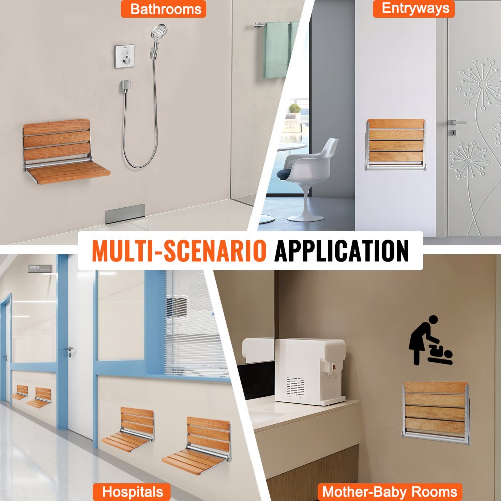 VEVOR Folding Oak Shower Seat, 16.1" x 13.4" Unfolded, Wall Mounted Fold Up Shower Bench with 440 lbs Load Capacity, Space Saving Home Care Fold Down Shower Chair, for Seniors Pregnant Women Children