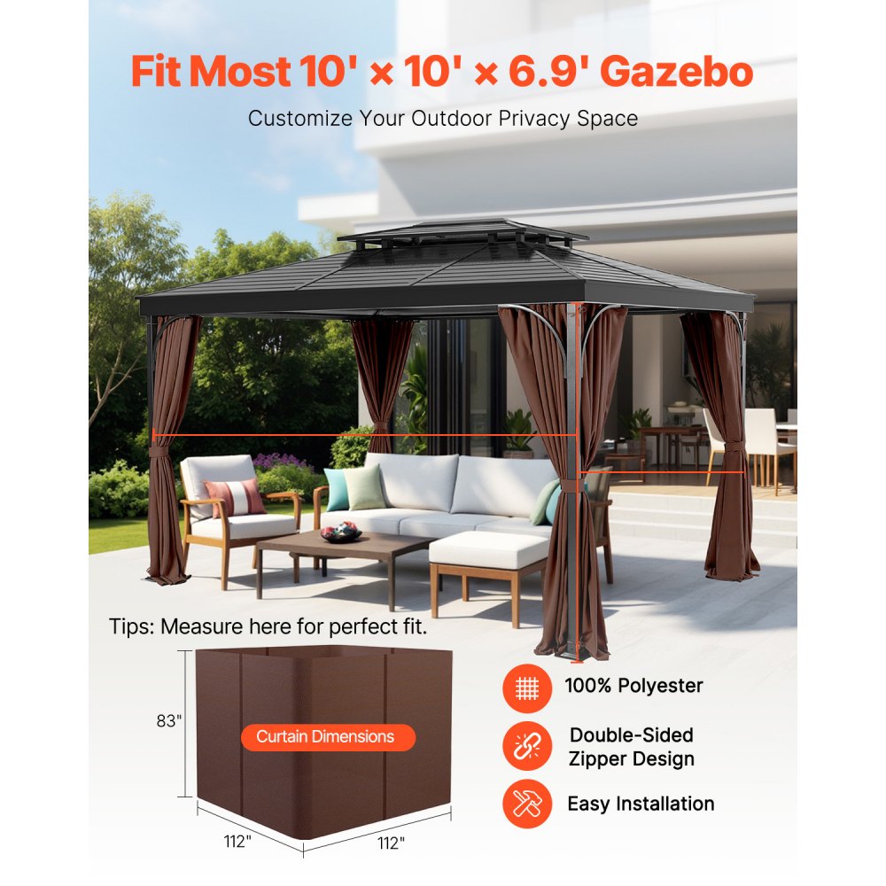 VEVOR Gazebo Curtains Outdoor, Fit Most 10' x 10' x 6.9' Gazebos, 4-Panel Sidewall Gazebo Privacy Curtains with Zippers, Outdoor Curtain Replacement for Patio Canopy, Only Curtain, Coffee