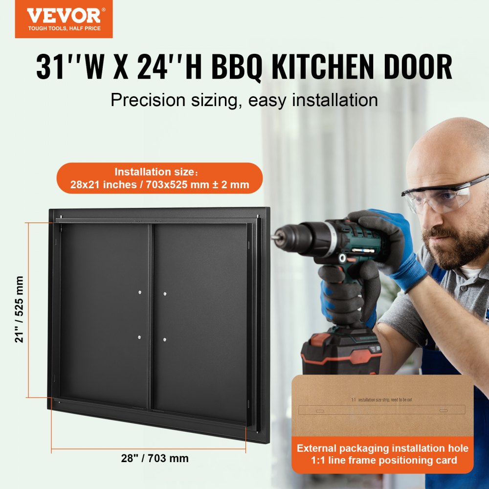 VEVOR BBQ Access Door, 31W x 24H Inch Double Outdoor Kitchen Door, Cold Plate Flush Mount Door, Wall Vertical Door with Handles, for BBQ Island, Grilling Station, Outside Cabinet(Stainless Steel + Oil-Sprayed Product)