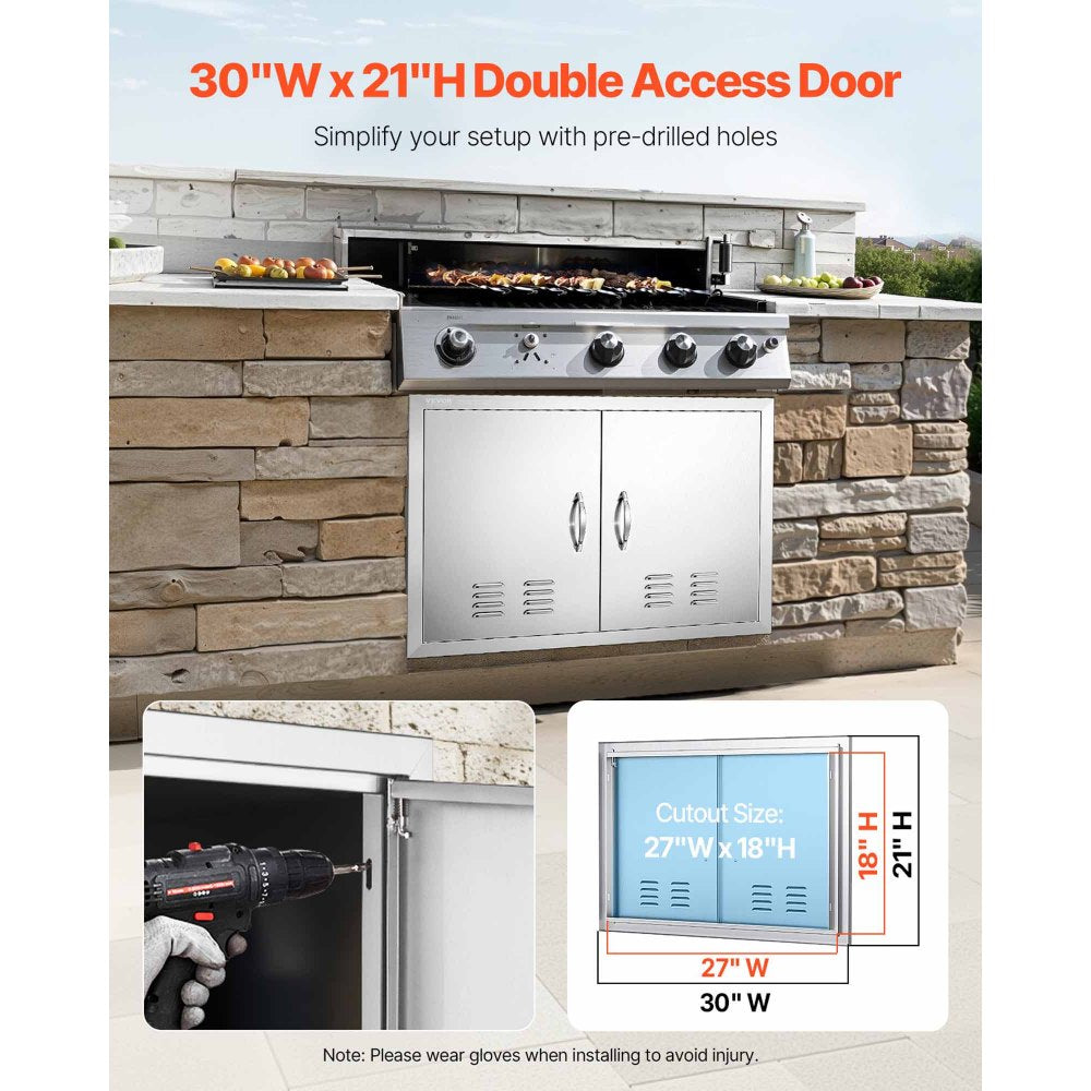 VEVOR BBQ Access Door, 30W x 21H Inch Double Outdoor Kitchen Door, Stainless Steel Flush Mount Door, Wall Vertical Door with Handles and Vents, for BBQ Island, Grilling Station, Outside Cabinet